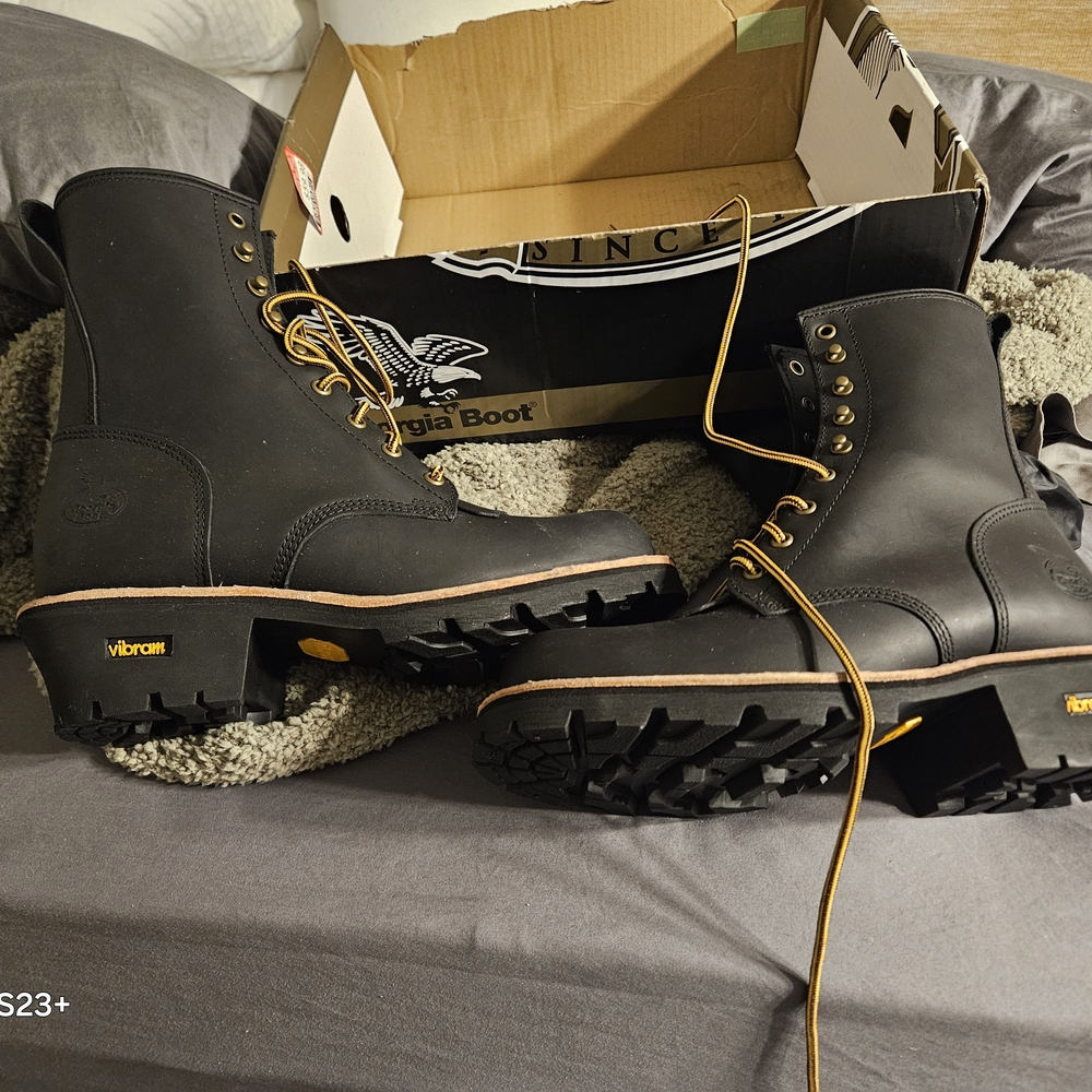 Mens Georgia Logger Boots Black Leather  with Gold Eyelets and Vibram Insoles